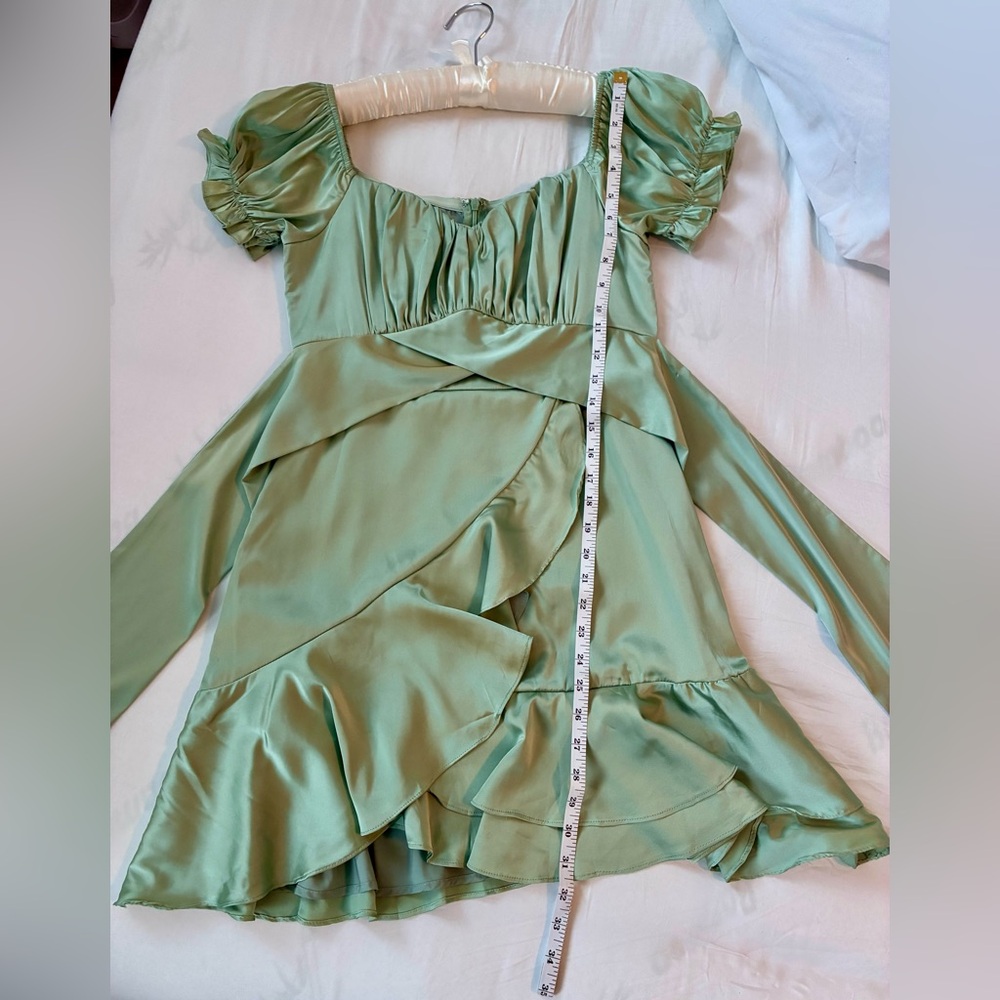 Romper Dress Sage Green Tie Back Satin. Off Shoulder. O. Vianca - Picture 2 of 3
